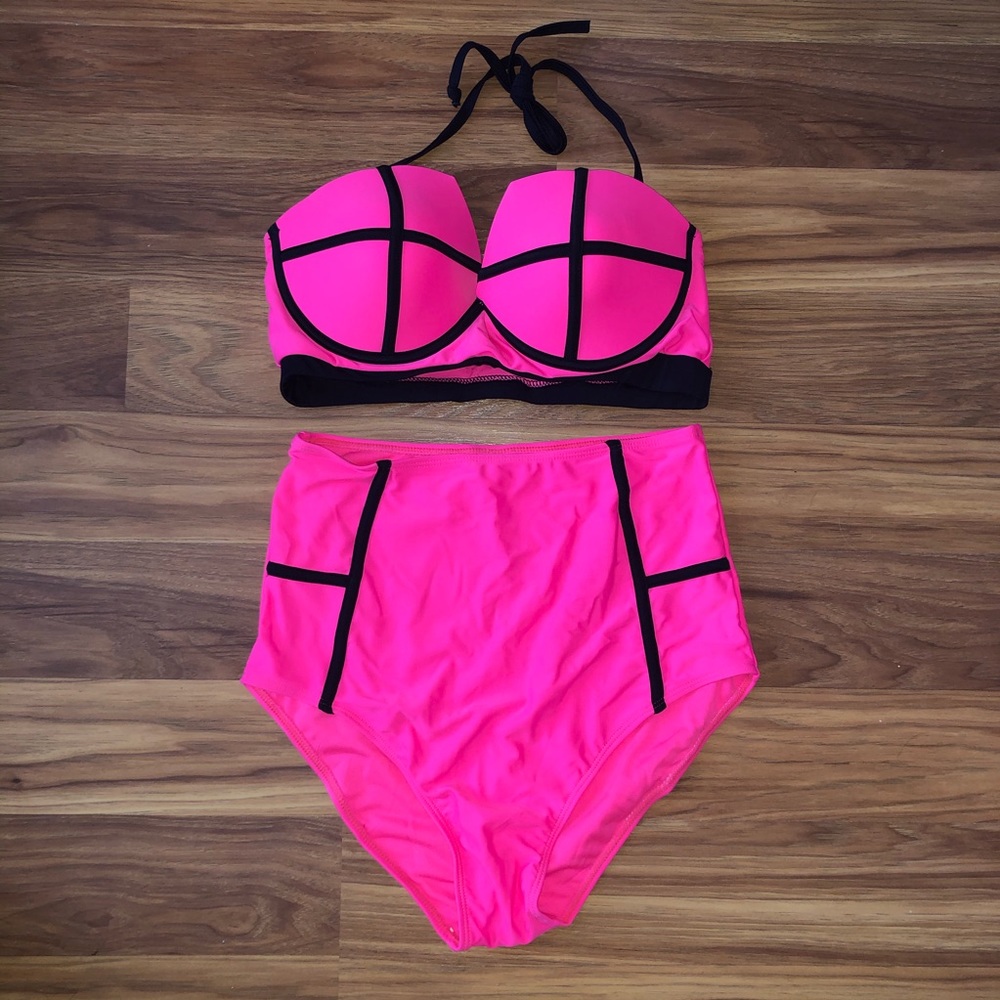Rose Red High-Waisted Padded Retro Bikini